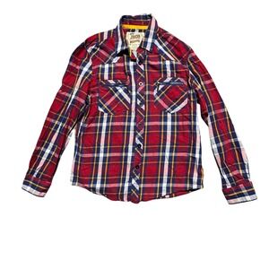 JNCO Men's Plaid Lightweight Button Front Shirt Zip Pockets Sz Large Red‎ Skater
